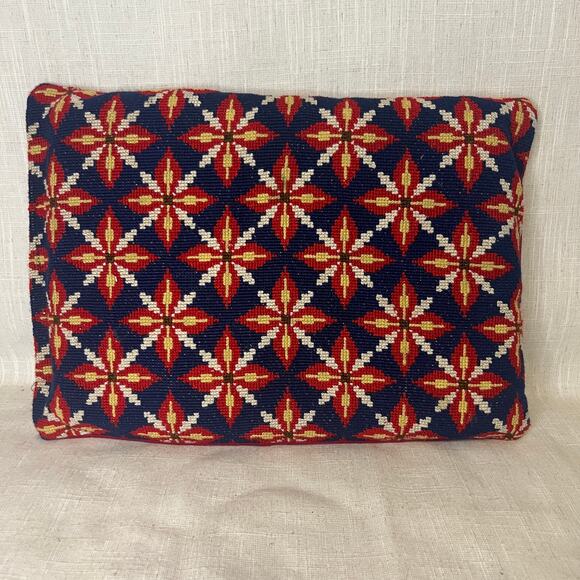 Vintage Navy Blue Red Geometric Petit Point Cushion Pillow Foam Insert Handmade - Picture 1 of 10